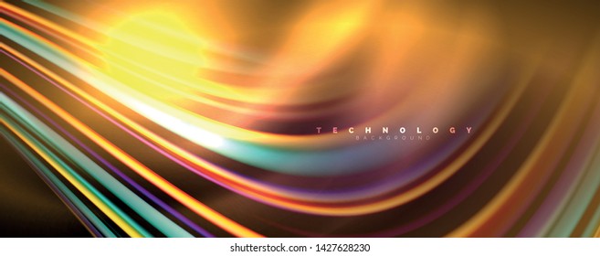 Fluid color swirls on black. Modern background with trendy design. Vector rainbow style