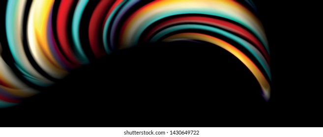 Fluid color swirls on black. Modern background with trendy design. Vector rainbow style