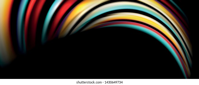 Fluid color swirls on black. Modern background with trendy design. Vector rainbow style