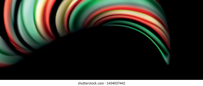 Fluid color swirls on black. Modern background with trendy design. Vector rainbow style