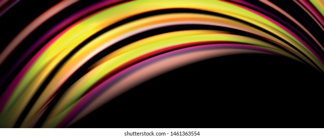 Fluid color swirls on black. Modern background with trendy design. Vector rainbow style
