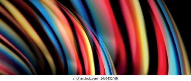 Fluid color swirls on black. Modern background with trendy design. Vector rainbow style