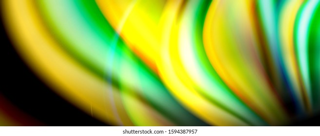 Fluid color swirls on black. Modern background with trendy design. Vector rainbow style