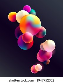 Fluid colorful 3D balls on dark background. Abstract vector illustration