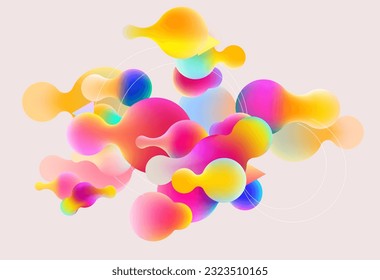 Fluid colorful bubbles on white background. Abstract 3D geometric composition