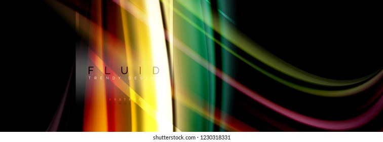 Flüssige Farben abstrakter Hintergrund bunter Poster, verdrilltes flüssiges Design auf schwarzem, bunter Marmor- oder Plastik-Wellenstruktur-Hintergrund, mehrfarbige Vorlage für Geschäfts- oder Technologiepräsentation oder Web-Web-Präsentation
