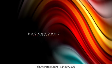 Fluid colors abstract background, twisted liquid design on black, colorful marble or plastic wave texture backdrop, multicolored template for business or technology presentation or web brochure cover