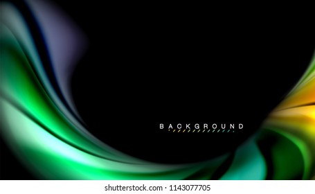 Fluid colors abstract background, twisted liquid design on black, colorful marble or plastic wave texture backdrop, multicolored template for business or technology presentation or web brochure cover