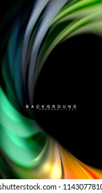 Fluid colors abstract background, twisted liquid design on black, colorful marble or plastic wave texture backdrop, multicolored template for business or technology presentation or web brochure cover