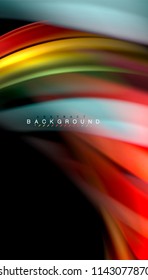 Fluid colors abstract background, twisted liquid design on black, colorful marble or plastic wave texture backdrop, multicolored template for business or technology presentation or web brochure cover