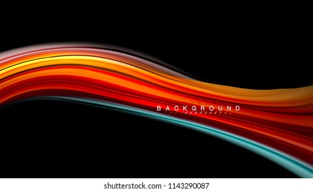 Fluid colors abstract background, twisted liquid design on black, colorful marble or plastic wave texture backdrop, multicolored template for business or technology presentation or web brochure cover