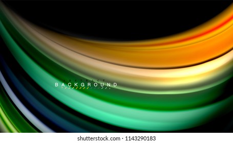 Abstrakter Hintergrund in flüssigen Farben, verdrehtes flüssiges Design auf schwarzem, bunter Marmor- oder Kunststoffwellenhintergrund, mehrfarbige Vorlage für Geschäfts- oder Technologiepräsentation oder Webbroschürendeckel