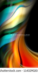 Fluid colors abstract background, twisted liquid design on black, colorful marble or plastic wave texture backdrop, multicolored template for business or technology presentation or web brochure cover