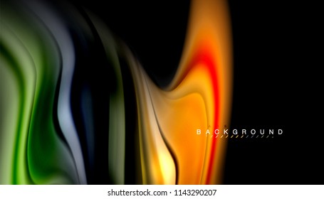 Colores fluidos fondo abstracto, diseño líquido retorcido sobre fondo negro, mármol colorido o textura de ondas plásticas, plantilla multicolor para presentación de negocios o tecnología o portada de folletos web
