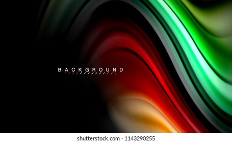 Abstrakter Hintergrund in flüssigen Farben, verdrehtes flüssiges Design auf schwarzem, bunter Marmor- oder Kunststoffwellenhintergrund, mehrfarbige Vorlage für Geschäfts- oder Technologiepräsentation oder Webbroschürendeckel