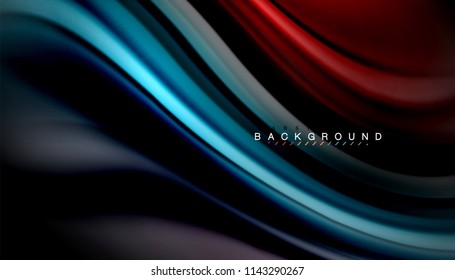 Abstrakter Hintergrund in flüssigen Farben, verdrehtes flüssiges Design auf schwarzem, bunter Marmor- oder Kunststoffwellenhintergrund, mehrfarbige Vorlage für Geschäfts- oder Technologiepräsentation oder Webbroschürendeckel