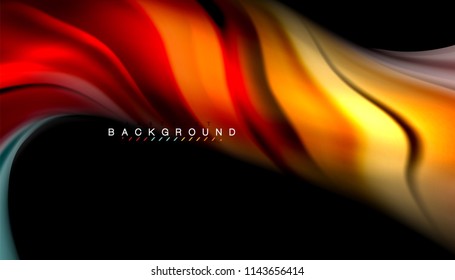 Fluid colors abstract background, twisted liquid design on black, colorful marble or plastic wave texture backdrop, multicolored template for business or technology presentation or web brochure cover