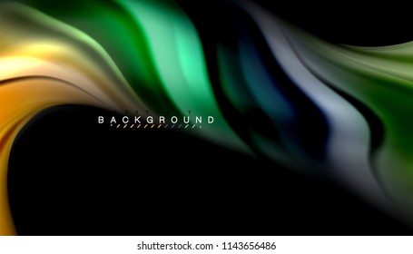 Fluid colors abstract background, twisted liquid design on black, colorful marble or plastic wave texture backdrop, multicolored template for business or technology presentation or web brochure cover