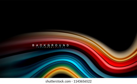 Colores fluidos fondo abstracto, diseño líquido retorcido sobre fondo negro, mármol colorido o textura de ondas plásticas, plantilla multicolor para presentación de negocios o tecnología o portada de folletos web