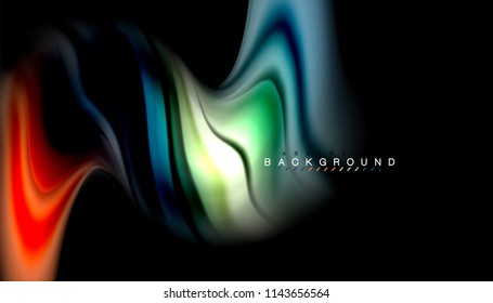 Fluid colors abstract background, twisted liquid design on black, colorful marble or plastic wave texture backdrop, multicolored template for business or technology presentation or web brochure cover