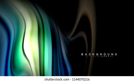 Colores fluidos fondo abstracto, diseño líquido retorcido sobre fondo negro, mármol colorido o textura de ondas plásticas, plantilla multicolor para presentación de negocios o tecnología o portada de folletos web