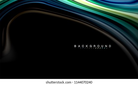 Abstrakter Hintergrund in flüssigen Farben, verdrehtes flüssiges Design auf schwarzem, bunter Marmor- oder Kunststoffwellenhintergrund, mehrfarbige Vorlage für Geschäfts- oder Technologiepräsentation oder Webbroschürendeckel