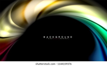 Fluid colors abstract background, twisted liquid design on black, colorful marble or plastic wave texture backdrop, multicolored template for business or technology presentation or web brochure cover