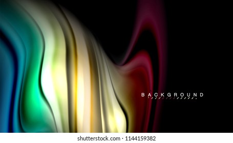 Abstrakter Hintergrund in flüssigen Farben, verdrehtes flüssiges Design auf schwarzem, bunter Marmor- oder Kunststoffwellenhintergrund, mehrfarbige Vorlage für Geschäfts- oder Technologiepräsentation oder Webbroschürendeckel