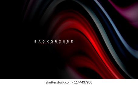 Abstrakter Hintergrund in flüssigen Farben, verdrehtes flüssiges Design auf schwarzem, bunter Marmor- oder Kunststoffwellenhintergrund, mehrfarbige Vorlage für Geschäfts- oder Technologiepräsentation oder Webbroschürendeckel