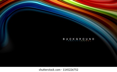 Fluid colors abstract background, twisted liquid design on black, colorful marble or plastic wave texture backdrop, multicolored template for business or technology presentation or web brochure cover