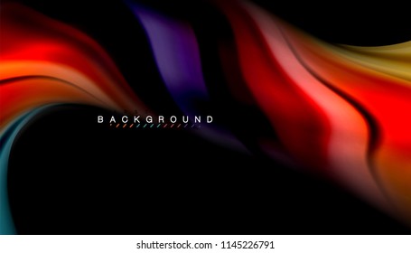Colores fluidos fondo abstracto, diseño líquido retorcido sobre fondo negro, mármol colorido o textura de ondas plásticas, plantilla multicolor para presentación de negocios o tecnología o portada de folletos web