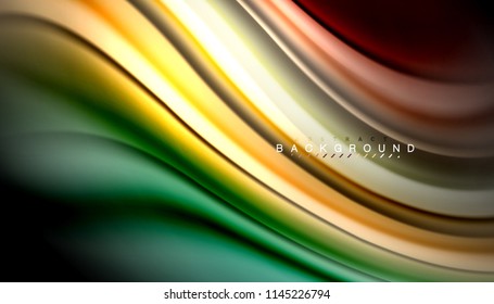 Abstrakter Hintergrund in flüssigen Farben, verdrehtes flüssiges Design auf schwarzem, bunter Marmor- oder Kunststoffwellenhintergrund, mehrfarbige Vorlage für Geschäfts- oder Technologiepräsentation oder Webbroschürendeckel