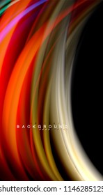 Fluid colors abstract background, twisted liquid design on black, colorful marble or plastic wave texture backdrop, multicolored template for business or technology presentation or web brochure cover