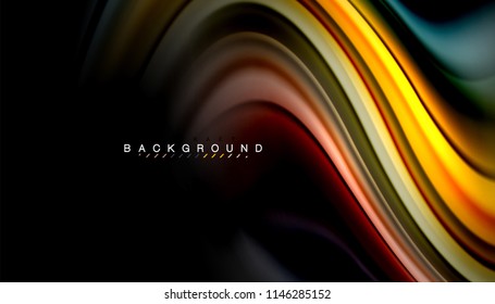 Fluid colors abstract background, twisted liquid design on black, colorful marble or plastic wave texture backdrop, multicolored template for business or technology presentation or web brochure cover