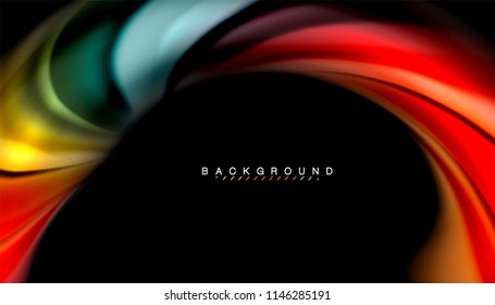Fluid colors abstract background, twisted liquid design on black, colorful marble or plastic wave texture backdrop, multicolored template for business or technology presentation or web brochure cover