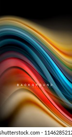 Fluid colors abstract background, twisted liquid design on black, colorful marble or plastic wave texture backdrop, multicolored template for business or technology presentation or web brochure cover