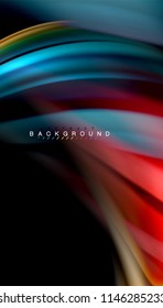 Fluid colors abstract background, twisted liquid design on black, colorful marble or plastic wave texture backdrop, multicolored template for business or technology presentation or web brochure cover