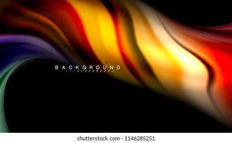 Fluid colors abstract background, twisted liquid design on black, colorful marble or plastic wave texture backdrop, multicolored template for business or technology presentation or web brochure cover