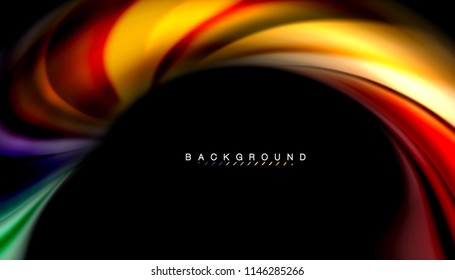 Fluid colors abstract background, twisted liquid design on black, colorful marble or plastic wave texture backdrop, multicolored template for business or technology presentation or web brochure cover