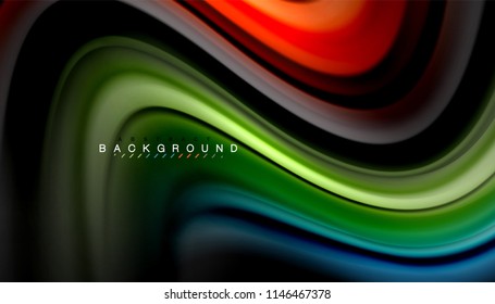 Fluid colors abstract background, twisted liquid design on black, colorful marble or plastic wave texture backdrop, multicolored template for business or technology presentation or web brochure cover