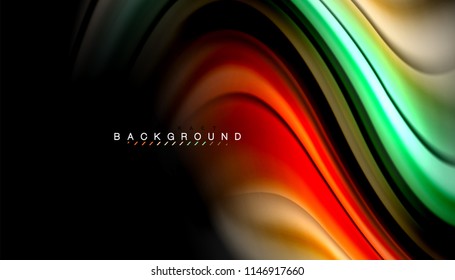 Fluid colors abstract background, twisted liquid design on black, colorful marble or plastic wave texture backdrop, multicolored template for business or technology presentation or web brochure cover