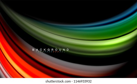 Abstrakter Hintergrund in flüssigen Farben, verdrehtes flüssiges Design auf schwarzem, bunter Marmor- oder Kunststoffwellenhintergrund, mehrfarbige Vorlage für Geschäfts- oder Technologiepräsentation oder Webbroschürendeckel