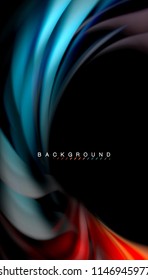 Fluid colors abstract background, twisted liquid design on black, colorful marble or plastic wave texture backdrop, multicolored template for business or technology presentation or web brochure cover