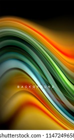 Fluid colors abstract background, twisted liquid design on black, colorful marble or plastic wave texture backdrop, multicolored template for business or technology presentation or web brochure cover