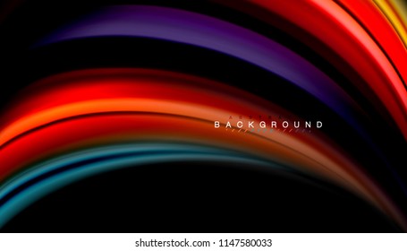 Fluid colors abstract background, twisted liquid design on black, colorful marble or plastic wave texture backdrop, multicolored template for business or technology presentation or web brochure cover