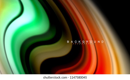 Abstrakter Hintergrund in flüssigen Farben, verdrehtes flüssiges Design auf schwarzem, bunter Marmor- oder Kunststoffwellenhintergrund, mehrfarbige Vorlage für Geschäfts- oder Technologiepräsentation oder Webbroschürendeckel
