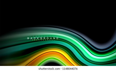 Fluid colors abstract background, twisted liquid design on black, colorful marble or plastic wave texture backdrop, multicolored template for business or technology presentation or web brochure cover