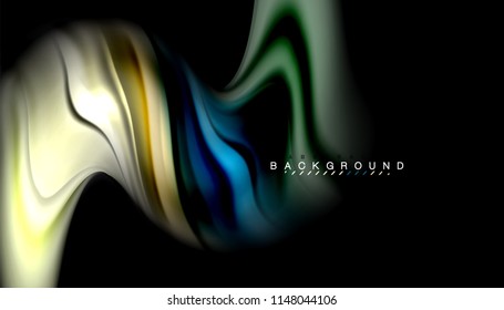 Fluid colors abstract background, twisted liquid design on black, colorful marble or plastic wave texture backdrop, multicolored template for business or technology presentation or web brochure cover