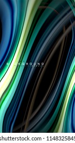 Abstrakter Hintergrund in flüssigen Farben, verdrehtes flüssiges Design auf schwarzem, bunter Marmor- oder Kunststoffwellenhintergrund, mehrfarbige Vorlage für Geschäfts- oder Technologiepräsentation oder Webbroschürendeckel