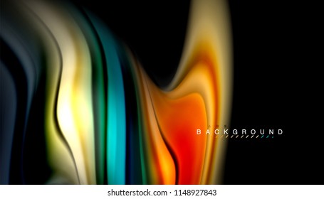 Fluid colors abstract background, twisted liquid design on black, colorful marble or plastic wave texture backdrop, multicolored template for business or technology presentation or web brochure cover